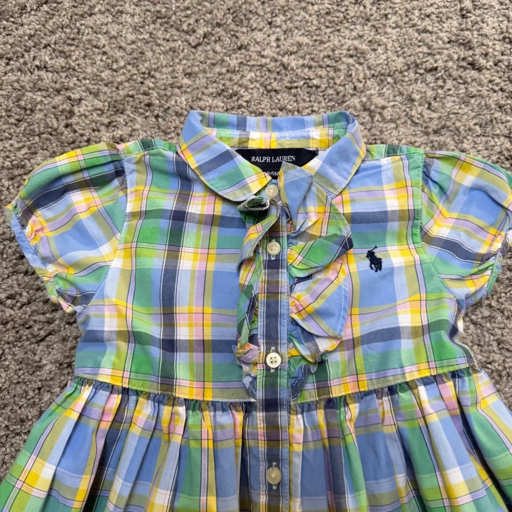 Excellent Ralph Lauren Plaid Ruffle Shirt Dress Tie Waist Pastel Girls Size 24M